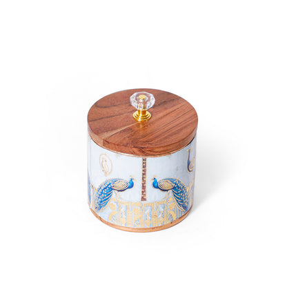 Navakriti Decor Majestic Peacock Motif Decorative Jar Set with Wooden Lids – Set of 2