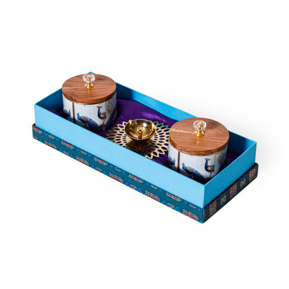Navakriti Decor Royal Peacock Jar Set of 2 & Brass Diya Festive Gift Set
