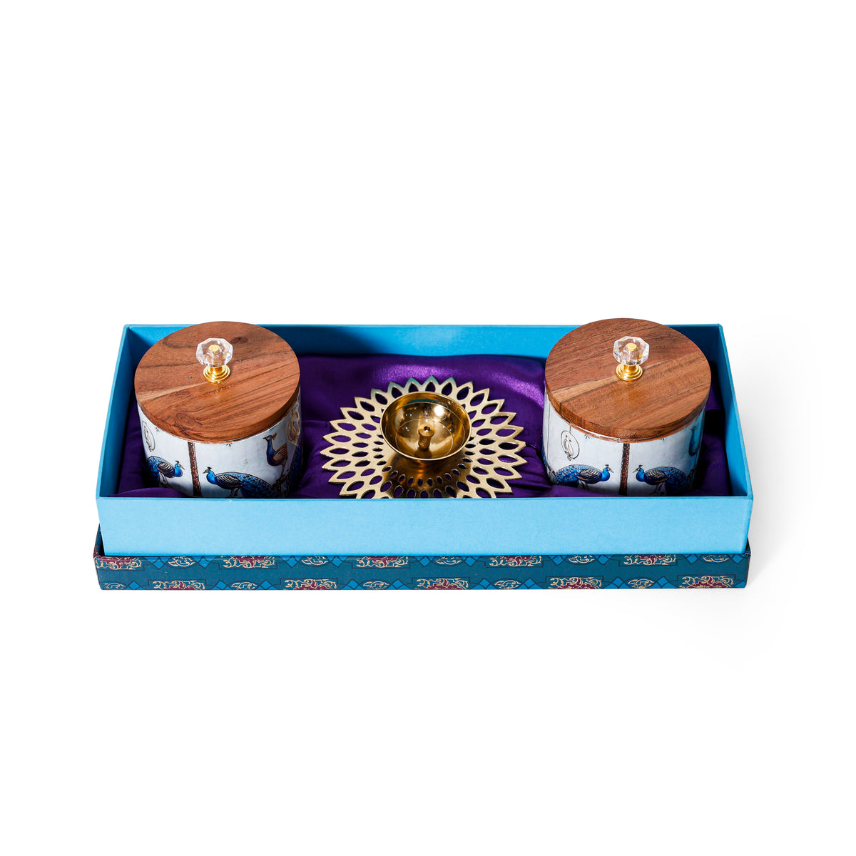Navakriti Decor Royal Peacock Jar Set of 2 & Brass Diya Festive Gift Set