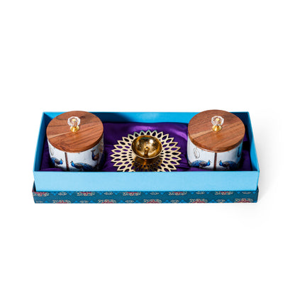 Navakriti Decor Royal Peacock Jar Set of 2 & Brass Diya Festive Gift Set