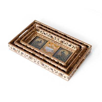 Navakriti Decor Royal Peacock & Elephant Floral Nesting Tray Set of 3