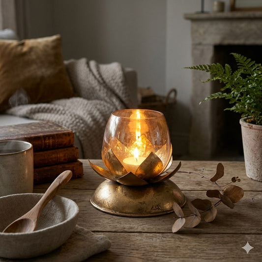 Navakrti Lotus Tealight Candle Holder with Glass Votive | Antique Gold Metal Lotus Petal Design | Fold Foiling Decorative Table Décor | Festive Diwali Candle Stand
