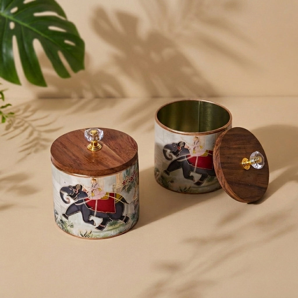 Navakrti Decor Royal Elephant Print Decorative Jar with Wooden Lids – Set of 2