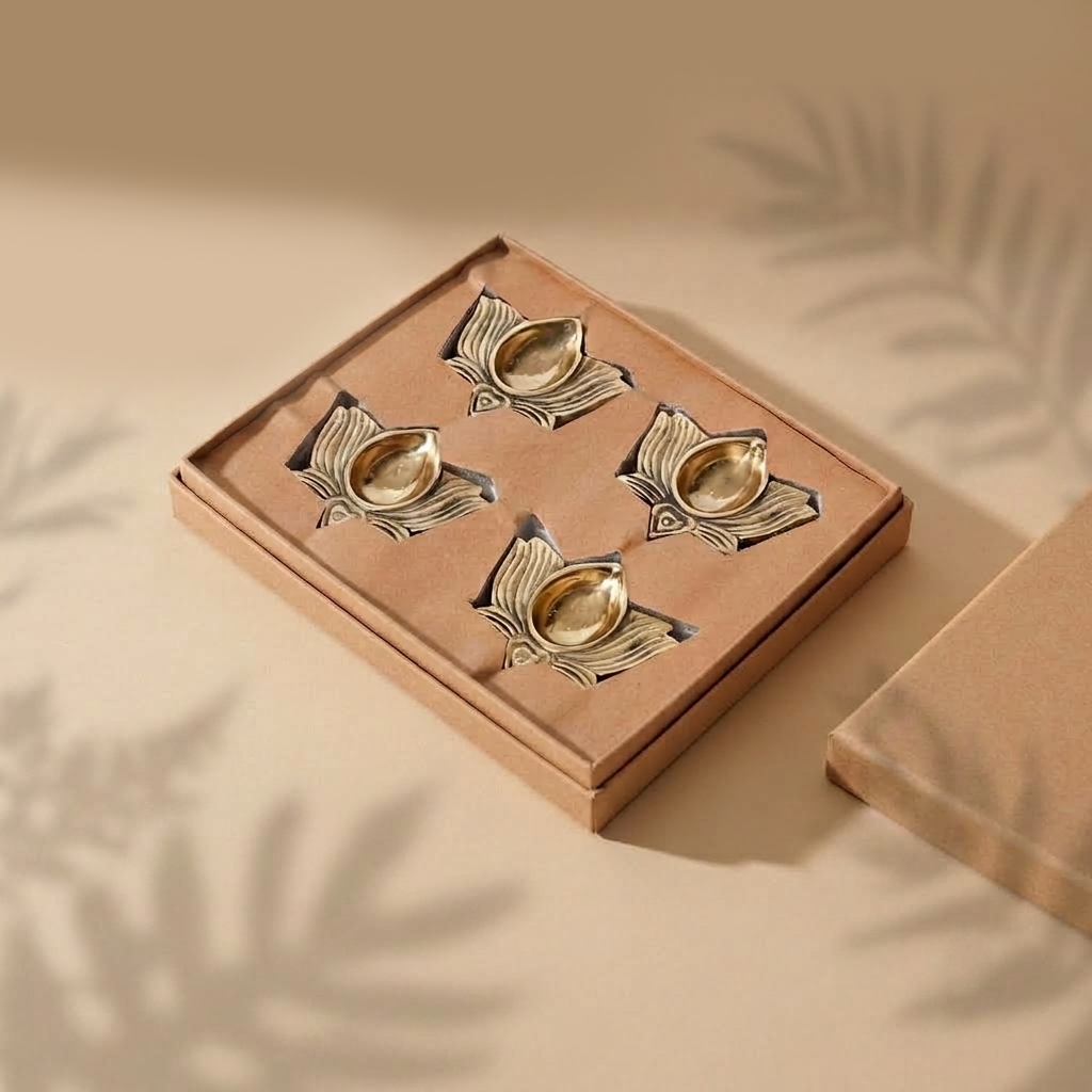 Navakriti DecorElegant Lotus Brass Diya Set of 4 Gift Box