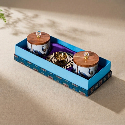 Navakriti Decor Royal Peacock Jar Set of 2 & Brass Diya Festive Gift Set