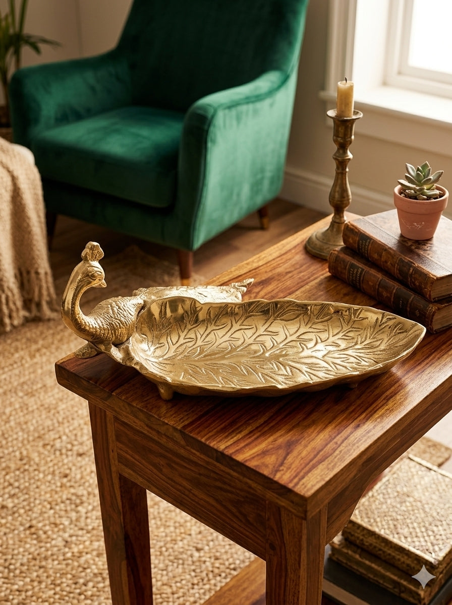 Navakrti Decor Elegant Gold Peacock Leaf Decorative Platter