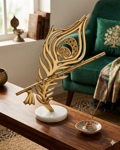 Navakrti Decor Golden Peacock Feather Decorative Table Sculpture with White Marble Base