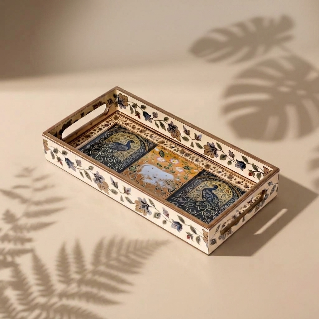Navakriti Decor Royal Peacock & Elephant Floral Nesting Tray Set of 3