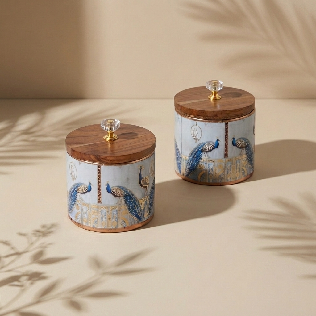 Navakriti Decor Majestic Peacock Motif Decorative Jar Set with Wooden Lids – Set of 2