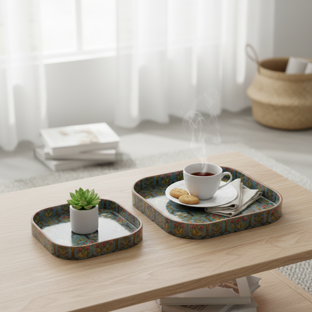 Printed Resin Wooden Serving Tray Set of 2 | MDF Square Trays
