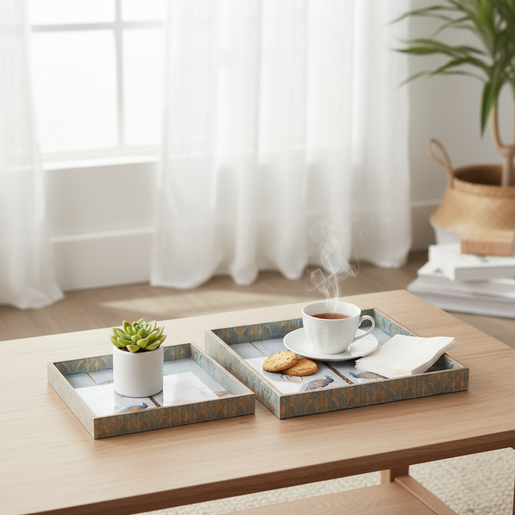 Royal Peacock Palm Printed Resin Wooden Serving Tray Set of 2