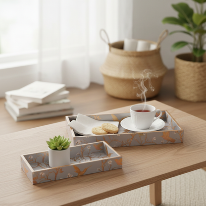 Printed Resin Wooden Serving Tray Set of 2 | MDF Tea & Coffee Tray with Gold Bird Floral Design